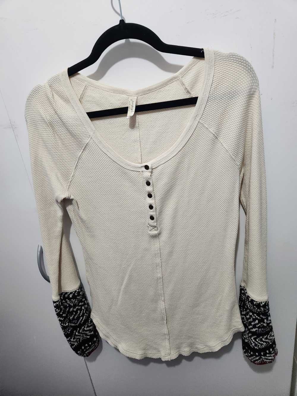 Free People Cream Henley Thermal with Patterned Black Cuffs